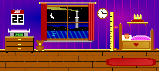 A nursery at night, drawn in sixteen colours. Through the window: the sea, the lights of Genova and its lighthouse under a crescent moon. Around the room: a calendar, a baby scale on a dresser, a teddy bear, a wall clock, a growth chart, a crown on a shelf, and a cradle where Natalia sleeps.