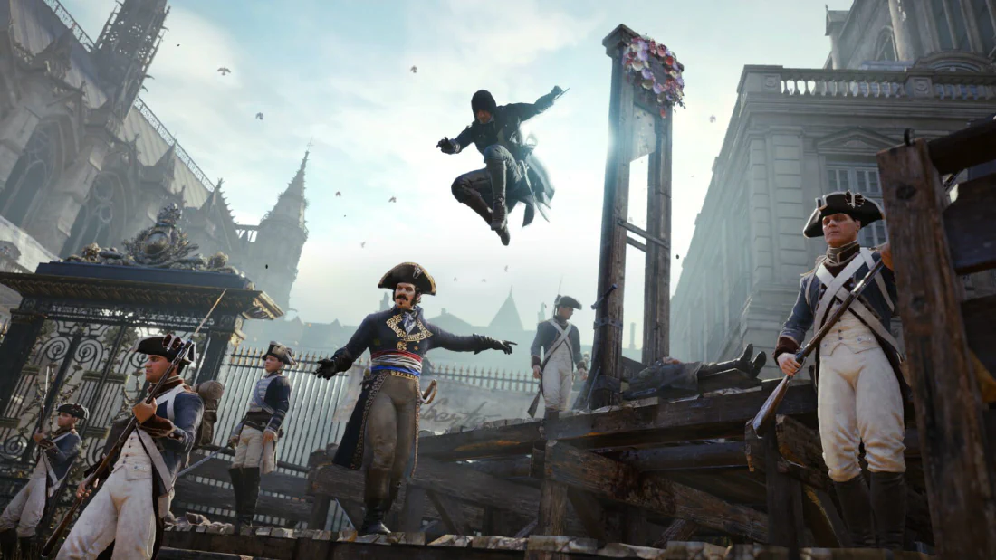 Arno dropping from a guillotine platform in front of Notre-Dame