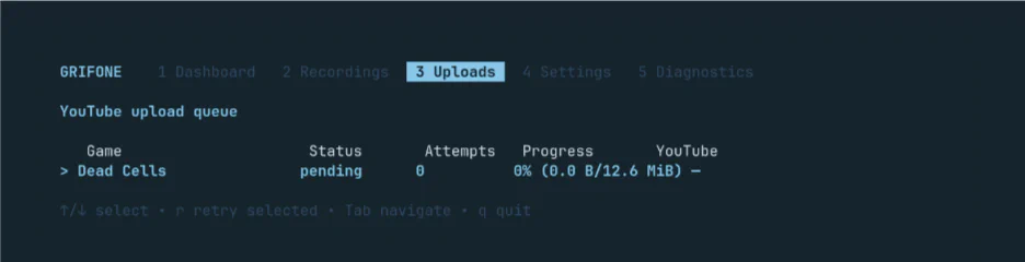 grifone TUI upload queue with a pending Dead Cells upload